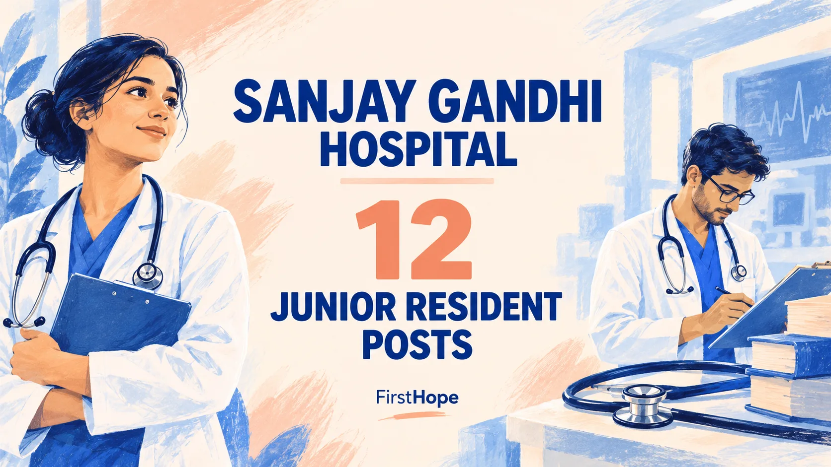 Sanjay Gandhi Memorial Hospital, Delhi Junior Resident (MBBS) recruitment cover with clear text and a distinct editorial illustration, FirstHope.