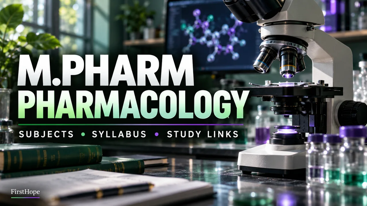 M.PHARM PHARMACOLOGY — SUBJECTS, SYLLABUS AND STUDY LINKS with a microscope in a green and violet research laboratory.