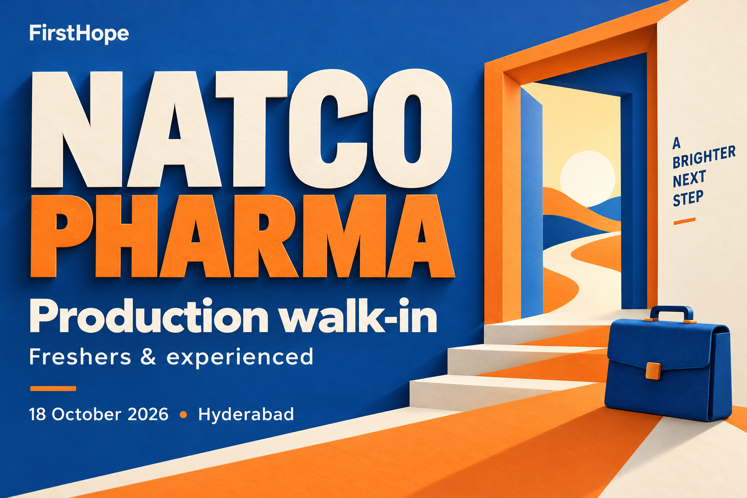Cobalt and orange editorial career cover reading NATCO Pharma, Production walk-in, Freshers and experienced, 18 October 2026 Hyderabad.