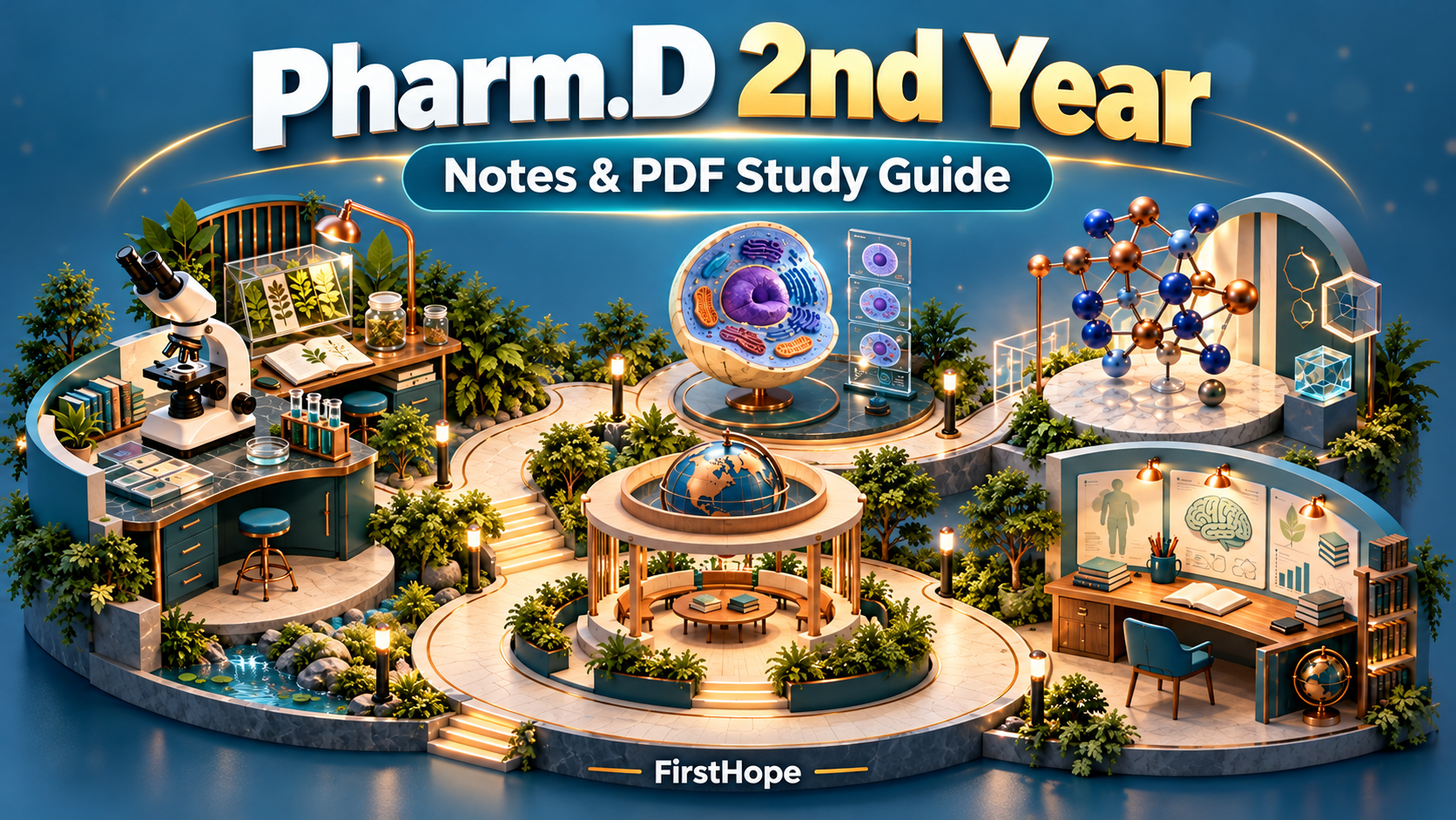 Isometric learning laboratory cover titled Pharm.D 2nd Year, with Notes & PDF Study Guide and FirstHope branding.