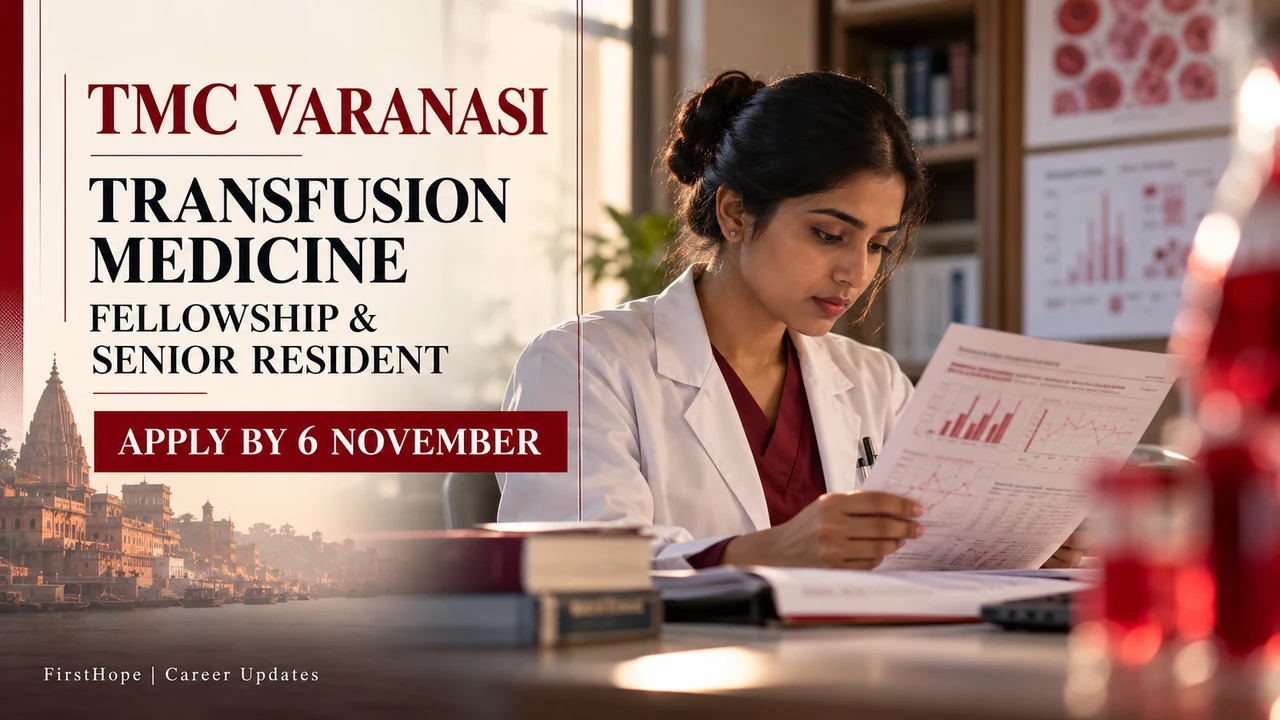 TMC Varanasi Transfusion Medicine fellowship and Senior Resident cover with a specialist reviewing charts.