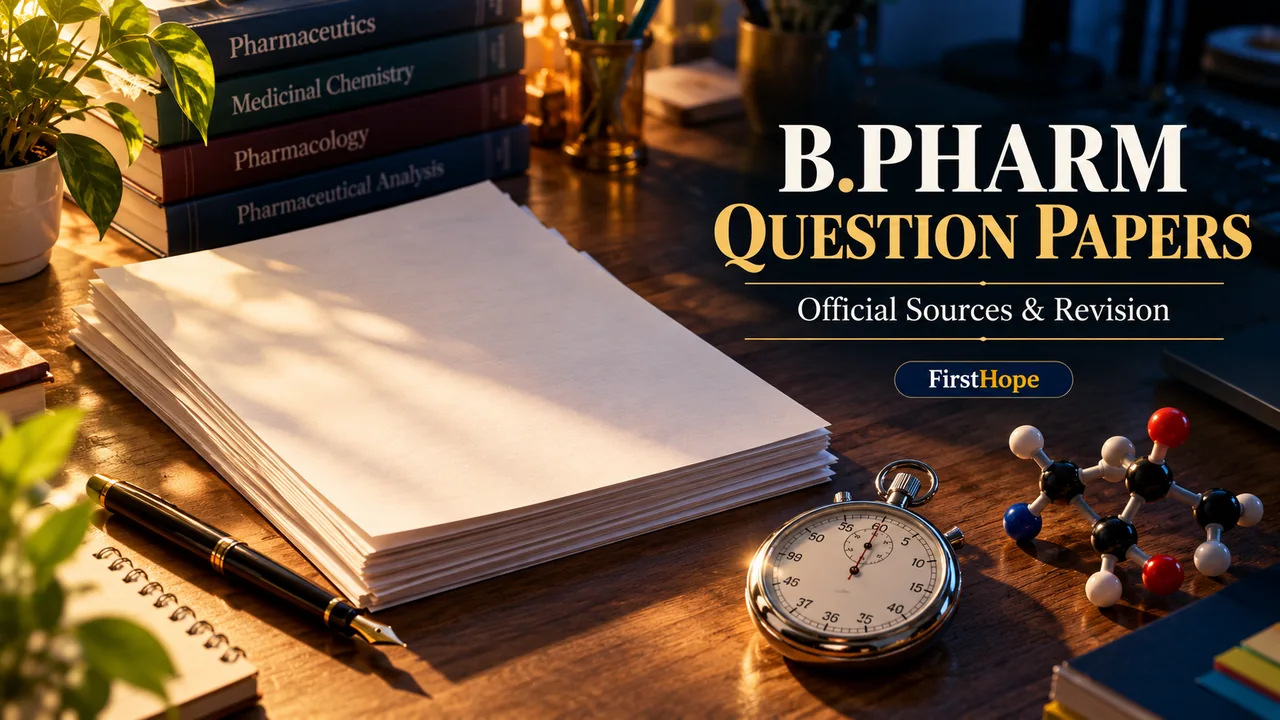 B.Pharm Question Papers and Official Sources and Revision text over an exam preparation desk with papers and a stopwatch.