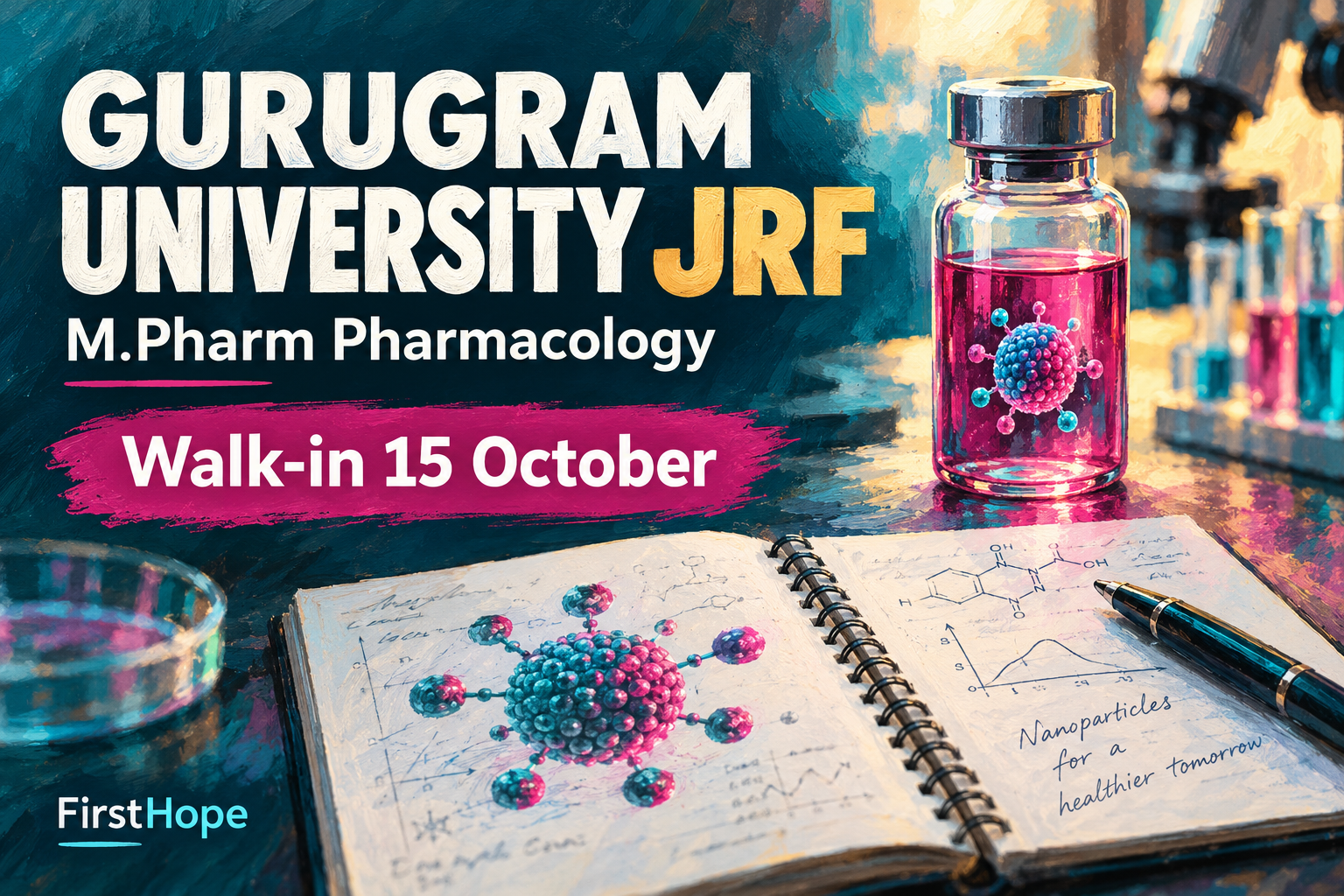 Gurugram University, Pharmaceutical Sciences gurugram university jrf cover, with M.Pharm Pharmacology and interview date text.