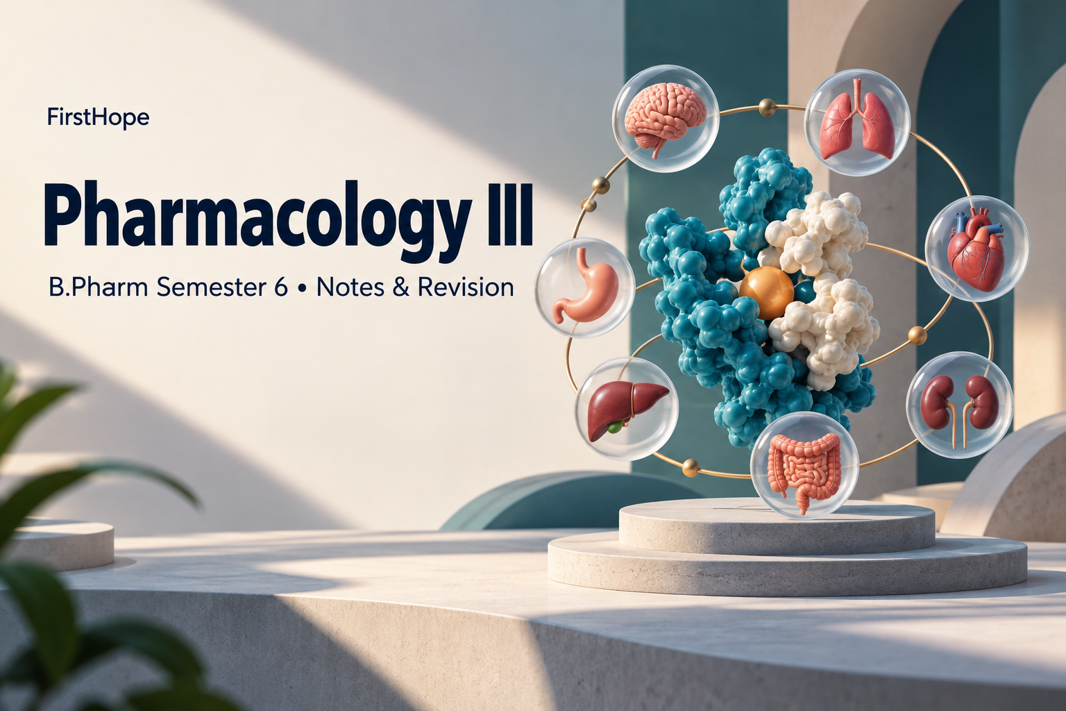 architectural model cover titled Pharmacology III, with B.Pharm Semester 6 Notes & Revision and FirstHope branding.