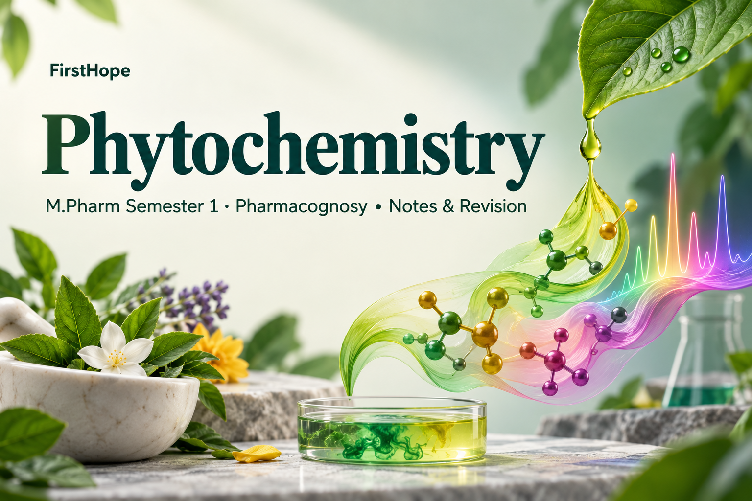 vivid 3D abstract cover titled Phytochemistry, with M.Pharm Semester 1 · Pharmacognosy Notes & Revision and FirstHope branding.