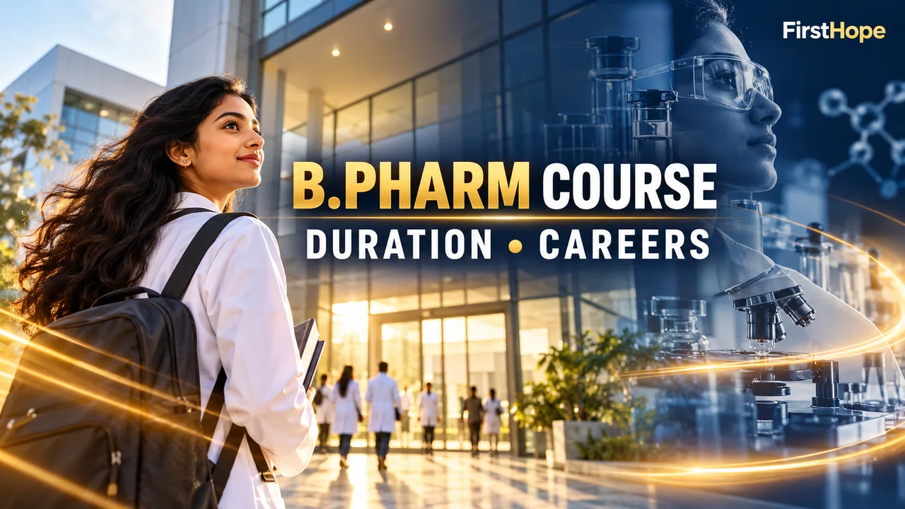 FirstHope B.Pharm Course Details: Duration, Subjects and Salary Guide cover with a distinct creative study scene and large readable text.