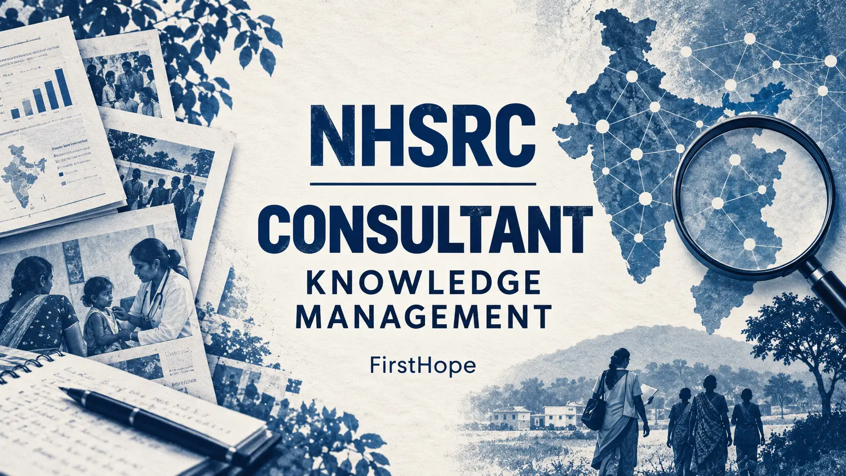 NHSRC, New Delhi Consultant — Knowledge Management recruitment cover with clear text and a distinct editorial illustration, FirstHope.