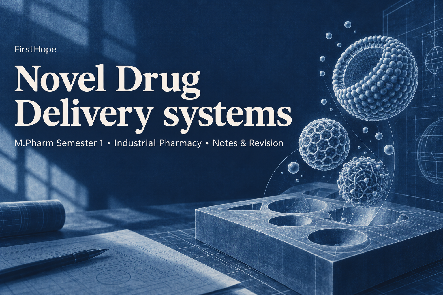 botanical cyanotype cover titled Novel Drug Delivery systems, with M.Pharm Semester 1 · Industrial Pharmacy Notes & Revision and FirstHope branding.