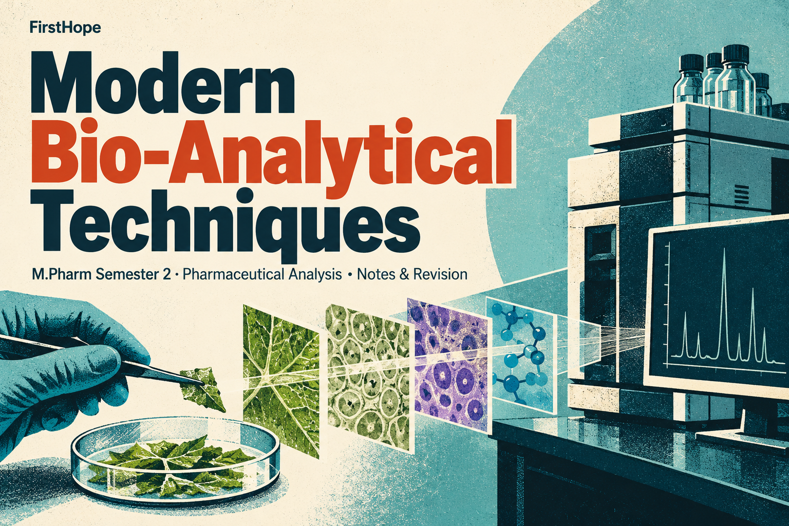 retro science print cover titled Modern Bio-Analytical Techniques, with M.Pharm Semester 2 · Pharmaceutical Analysis Notes & Revision and FirstHope branding.