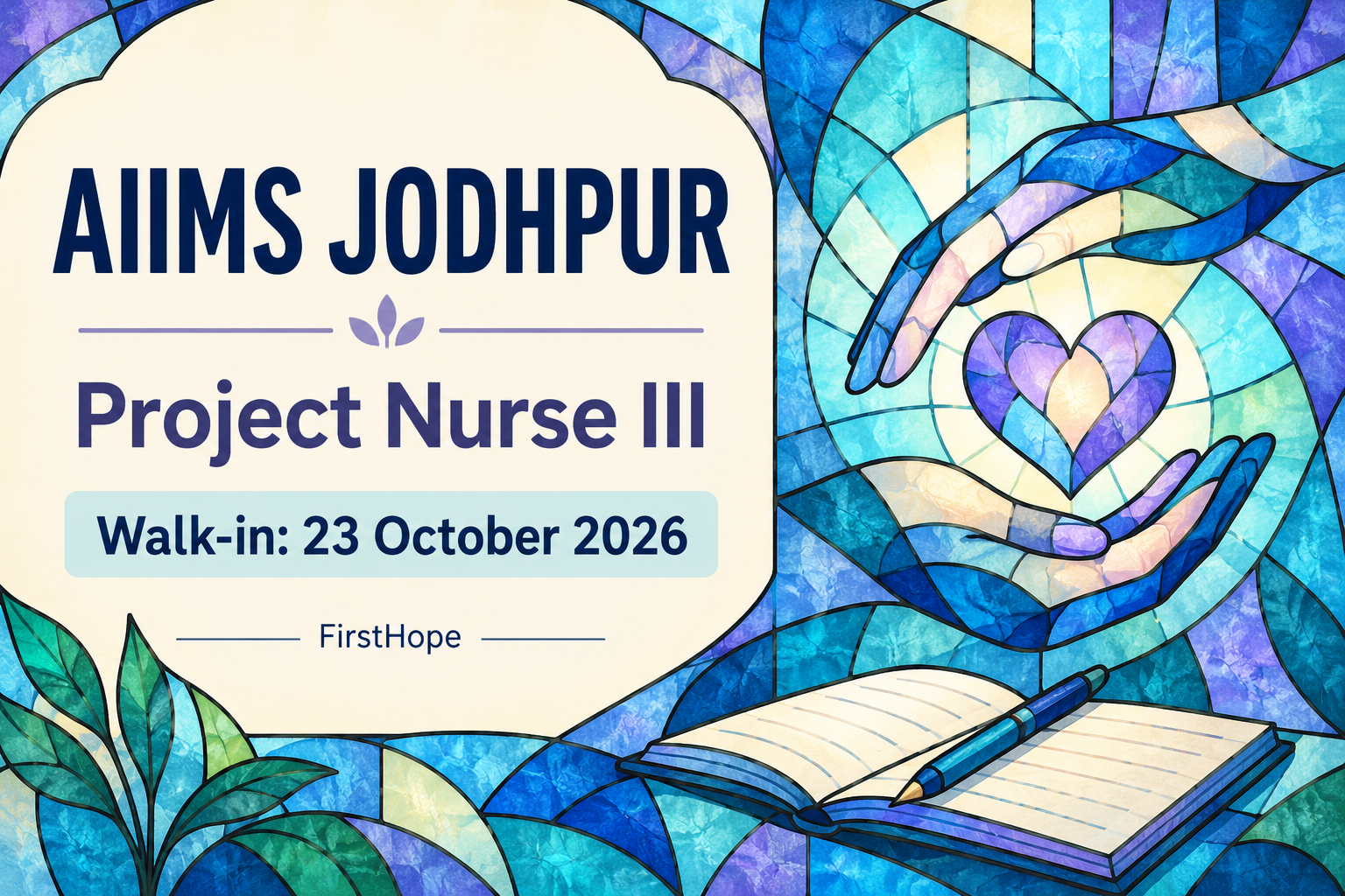 FirstHope healthcare career cover for AIIMS Jodhpur Project Nurse III: Walk-In on 23 October, showing the employer, job role and application or walk-in date in readable text.