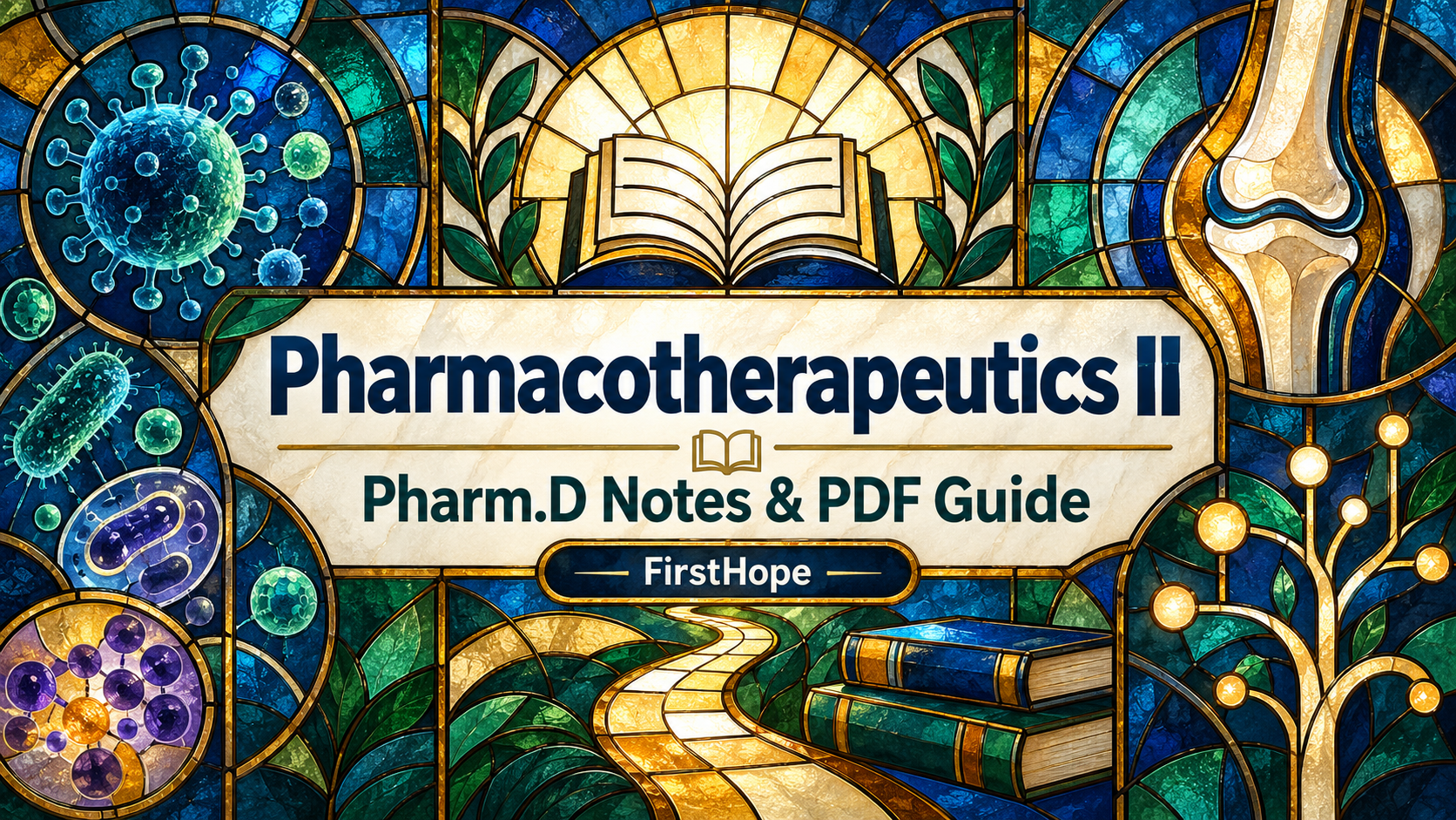 Stained-glass concept mosaic cover titled Pharmacotherapeutics II, with Pharm.D Notes & PDF Guide and FirstHope branding.