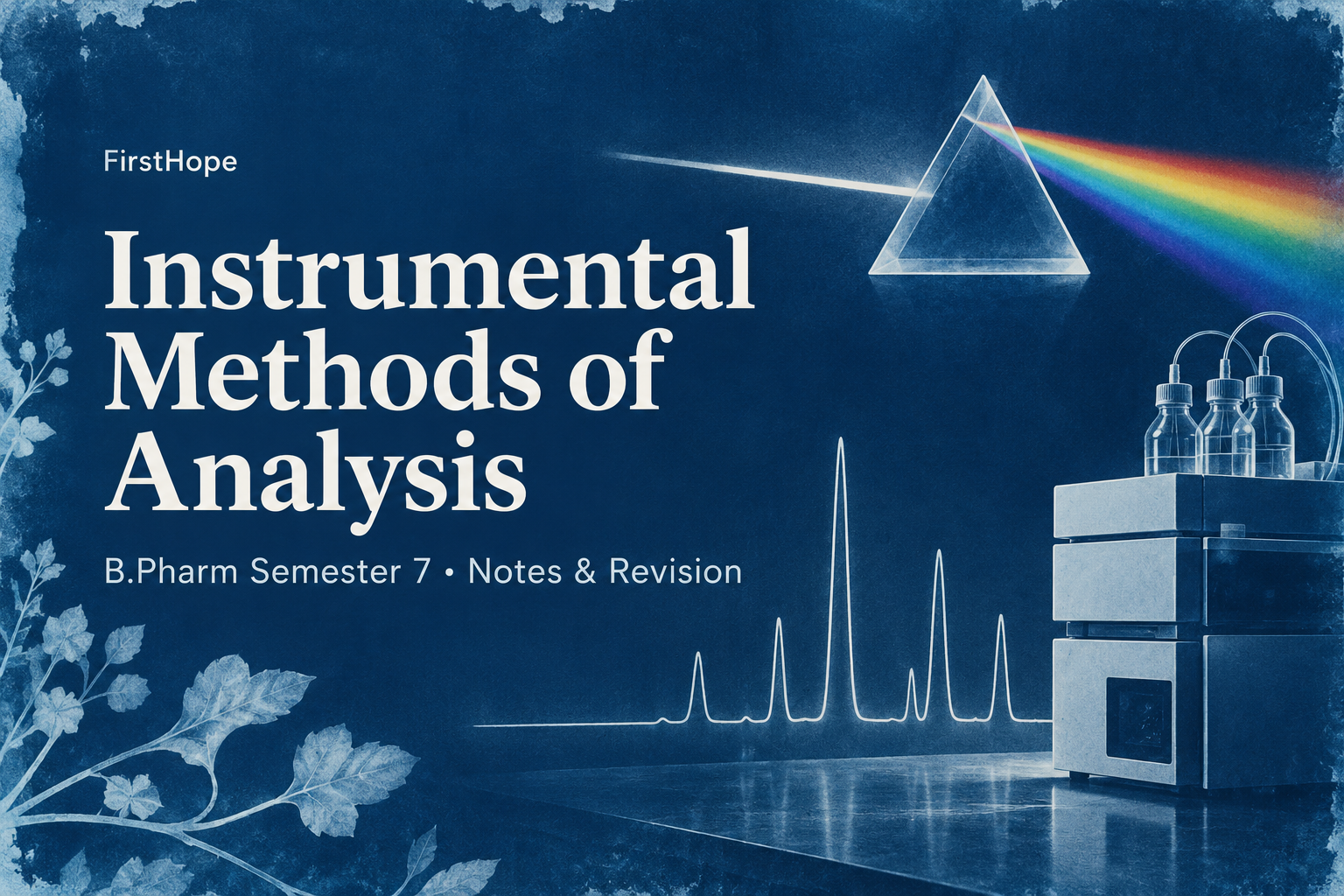 botanical cyanotype cover titled Instrumental Methods of Analysis, with B.Pharm Semester 7 Notes & Revision and FirstHope branding.