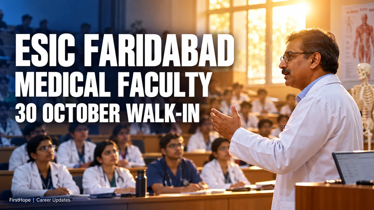 ESIC Faridabad medical faculty recruitment cover showing a lecturer and 30 October walk-in.