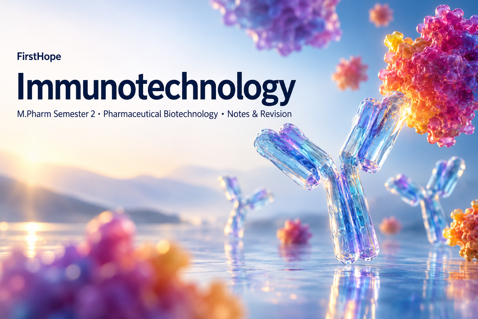 glass and light cover titled Immunotechnology, with M.Pharm Semester 2 · Pharmaceutical Biotechnology Notes & Revision and FirstHope branding.