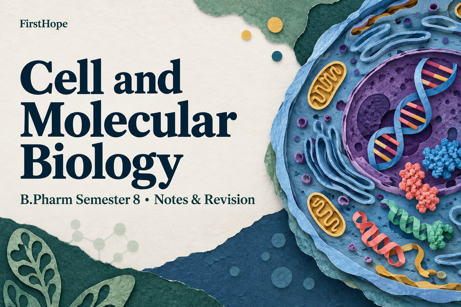 editorial collage cover titled Cell and Molecular Biology, with B.Pharm Semester 8 Notes & Revision and FirstHope branding.