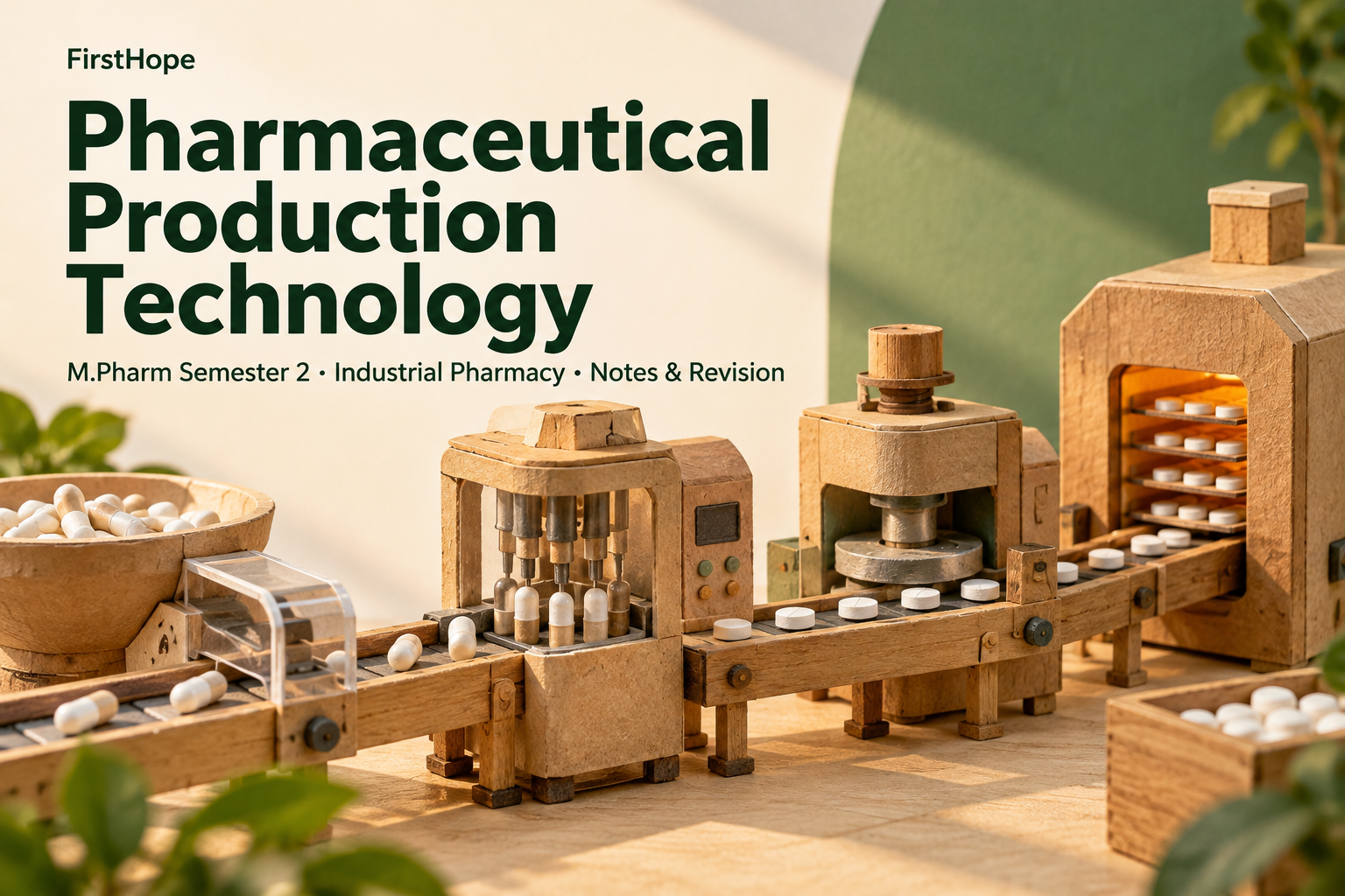 wood and woven paper cover titled Pharmaceutical Production Technology, with M.Pharm Semester 2 · Industrial Pharmacy Notes & Revision and FirstHope branding.