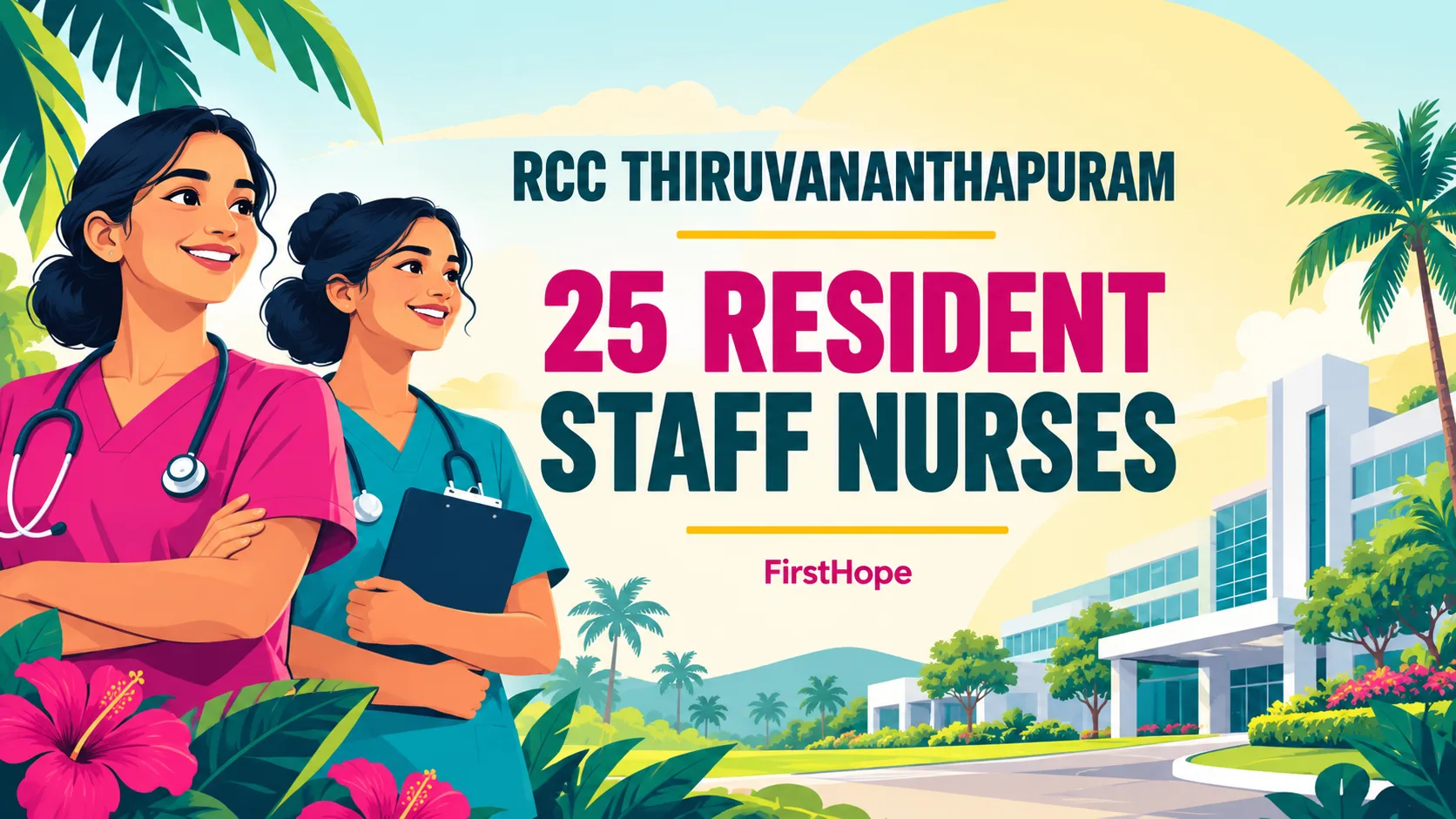 Regional Cancer Centre, Thiruvananthapuram Resident Staff Nurse recruitment cover with clear text and a distinct editorial illustration, FirstHope.