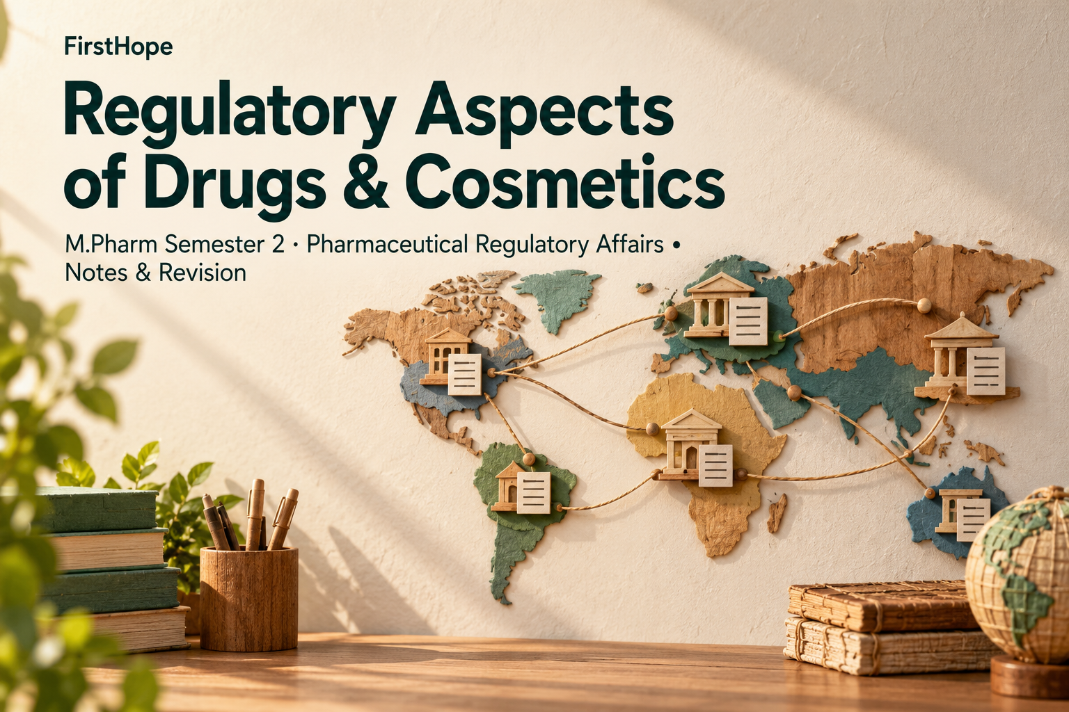 wood and woven paper cover titled Regulatory Aspects of Drugs & Cosmetics, with M.Pharm Semester 2 · Pharmaceutical Regulatory Affairs Notes & Revision and FirstHope branding.