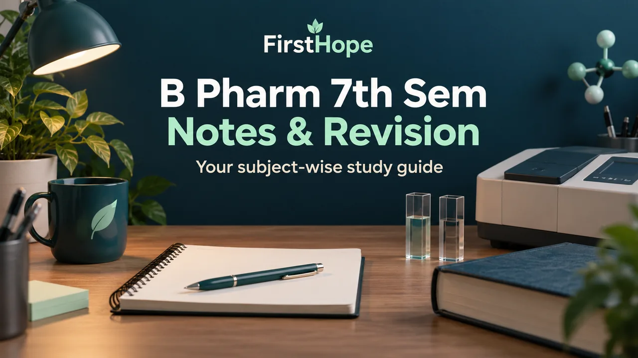 FirstHope B.Pharm seventh-semester notes and revision guide cover.