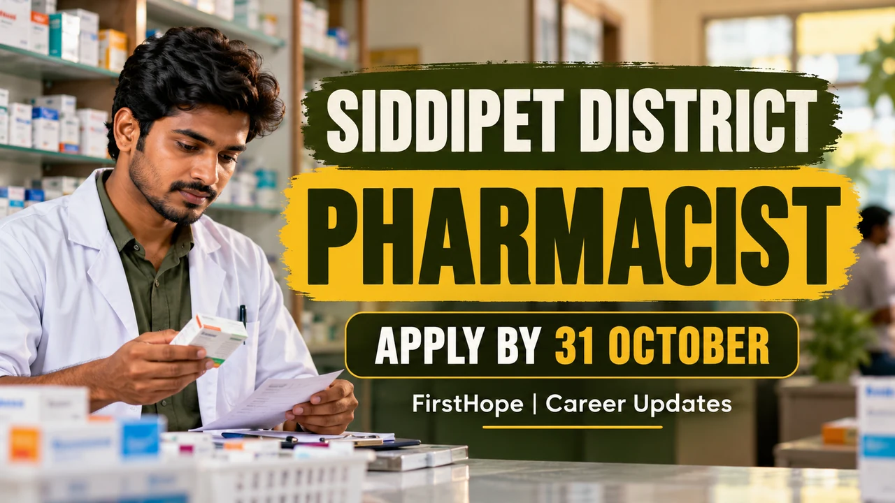 Siddipet Pharmacist job cover showing a pharmacist and the 31 October application deadline.