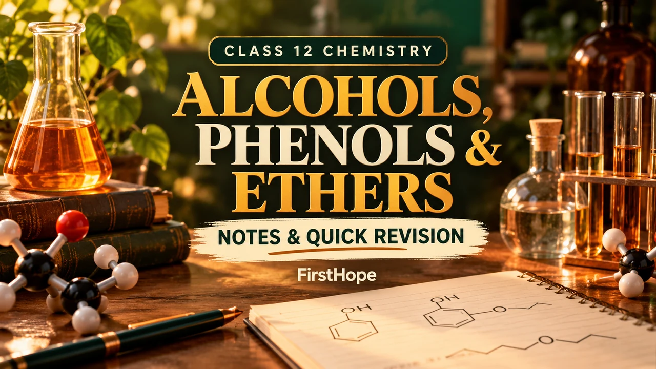 Class 12 Chemistry: Alcohols, Phenols and Ethers notes and quick revision, with amber laboratory glassware.
