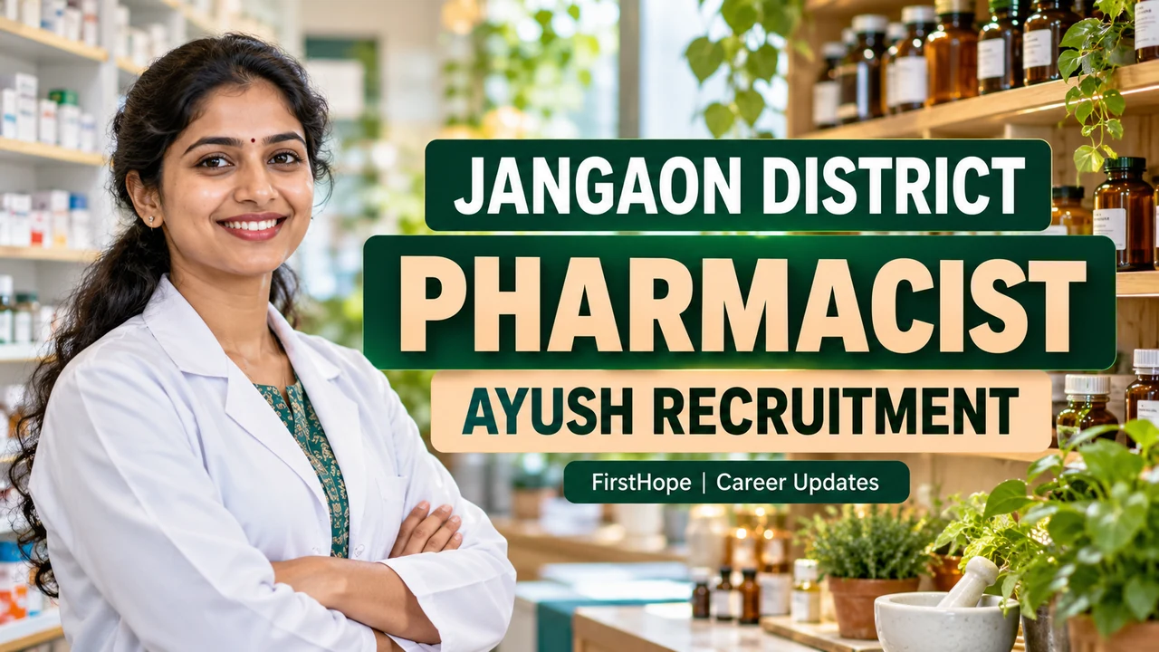 Jangaon district Pharmacist AYUSH recruitment cover with a pharmacist and pharmacy shelves.
