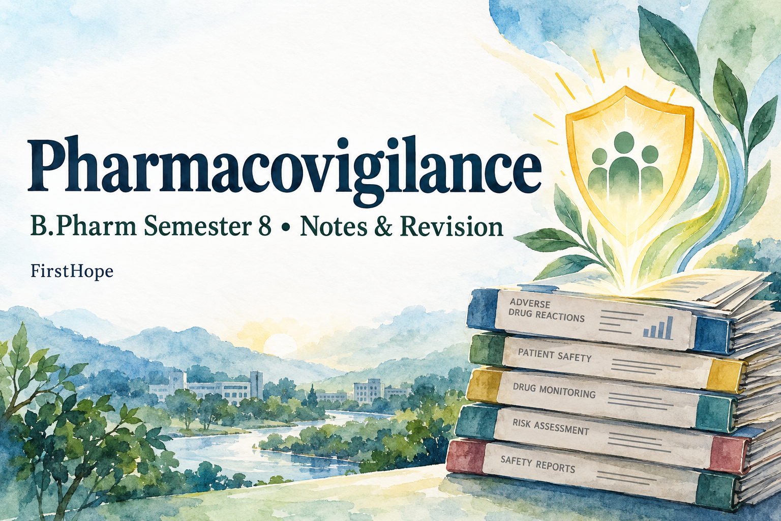 ink and watercolour cover titled Pharmacovigilance, with B.Pharm Semester 8 Notes & Revision and FirstHope branding.