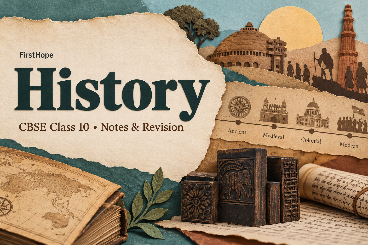 layered paper art cover titled History, with CBSE Class 10 Notes & Revision and FirstHope branding.