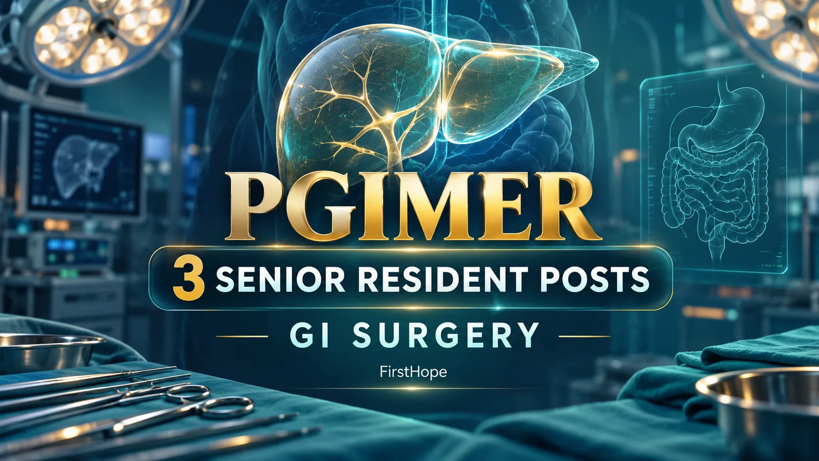 PGIMER Chandigarh Senior Resident — GI Surgery, HPB and Liver Transplantation recruitment cover with clear text and a distinct editorial illustration, FirstHope.