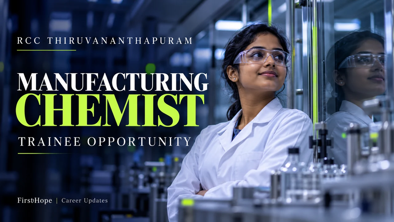 RCC Thiruvananthapuram Manufacturing Chemist Trainee cover showing a pharmacy professional in a modern facility.