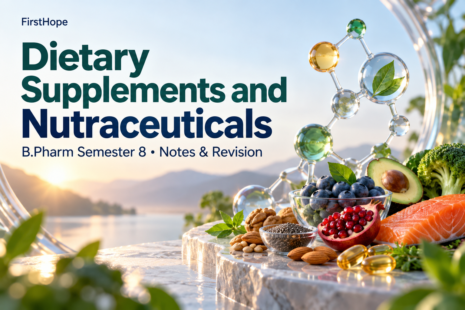 glass and light cover titled Dietary Supplements and Nutraceuticals, with B.Pharm Semester 8 Notes & Revision and FirstHope branding.