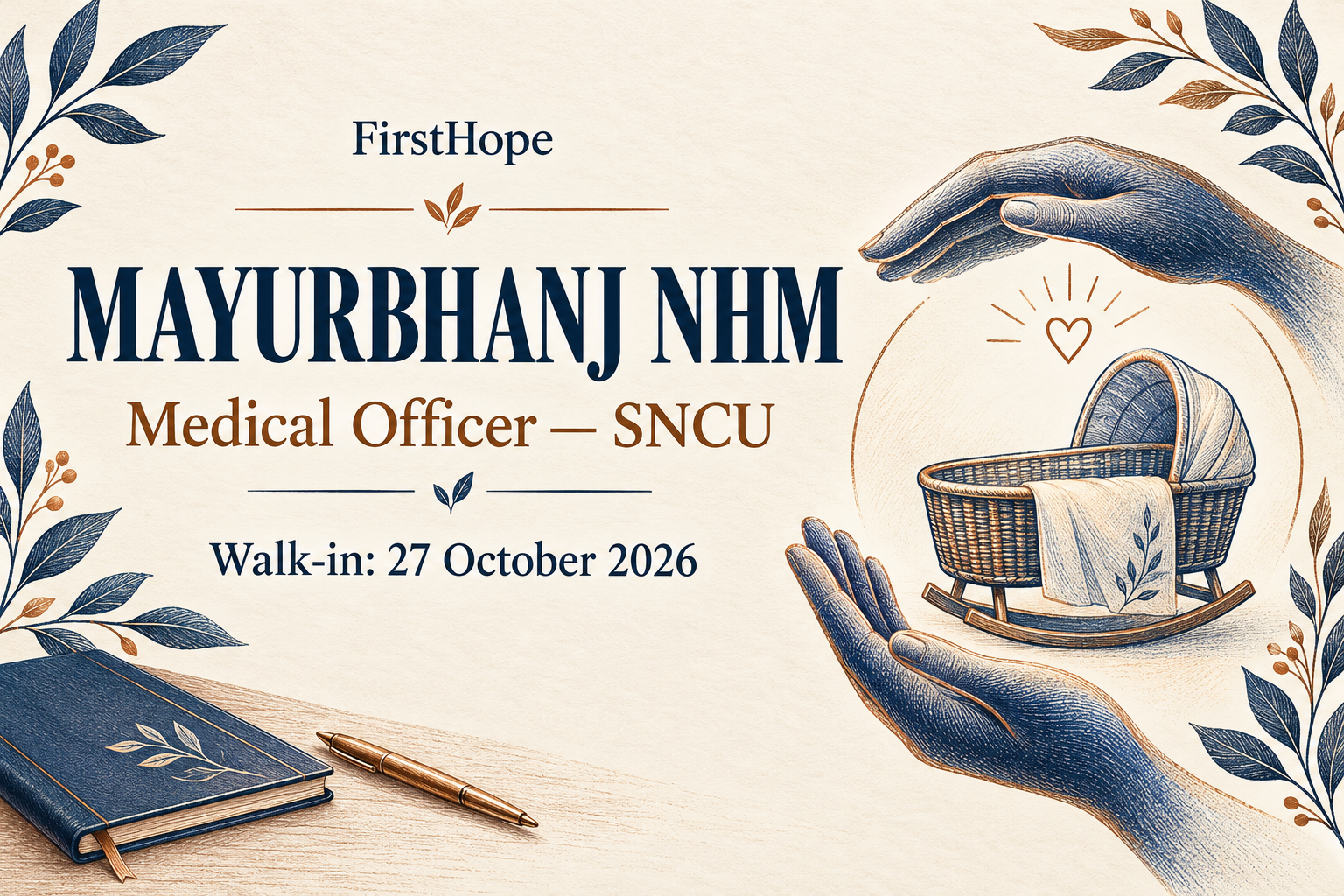 FirstHope healthcare career cover for Mayurbhanj SNCU Medical Officer: MBBS Walk-In on 27 October, showing the employer, job role and application or walk-in date in readable text.