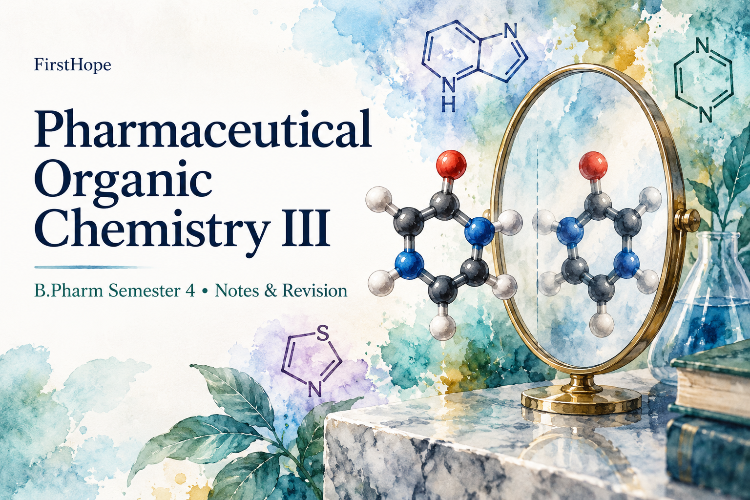 ink and watercolour cover titled Pharmaceutical Organic Chemistry III, with B.Pharm Semester 4 Notes & Revision and FirstHope branding.