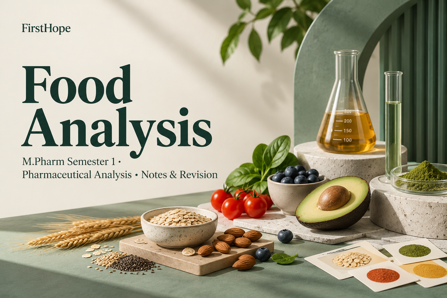 architectural model cover titled Food Analysis, with M.Pharm Semester 1 · Pharmaceutical Analysis Notes & Revision and FirstHope branding.