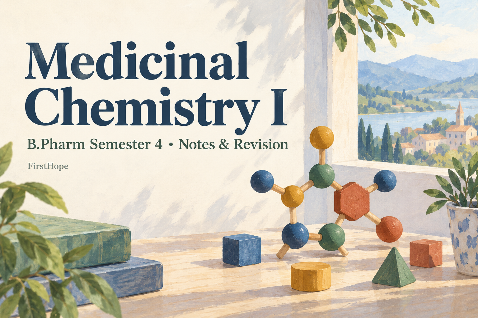 pastel gouache cover titled Medicinal Chemistry I, with B.Pharm Semester 4 Notes & Revision and FirstHope branding.