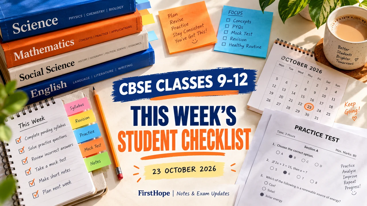 Creative CBSE Classes 9–12 weekly student checklist cover with books, sticky notes and 23 October 2026.