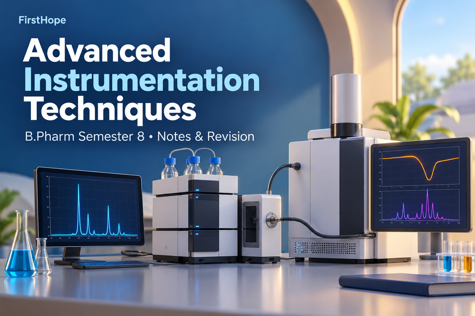vivid 3D abstract cover titled Advanced Instrumentation Techniques, with B.Pharm Semester 8 Notes & Revision and FirstHope branding.