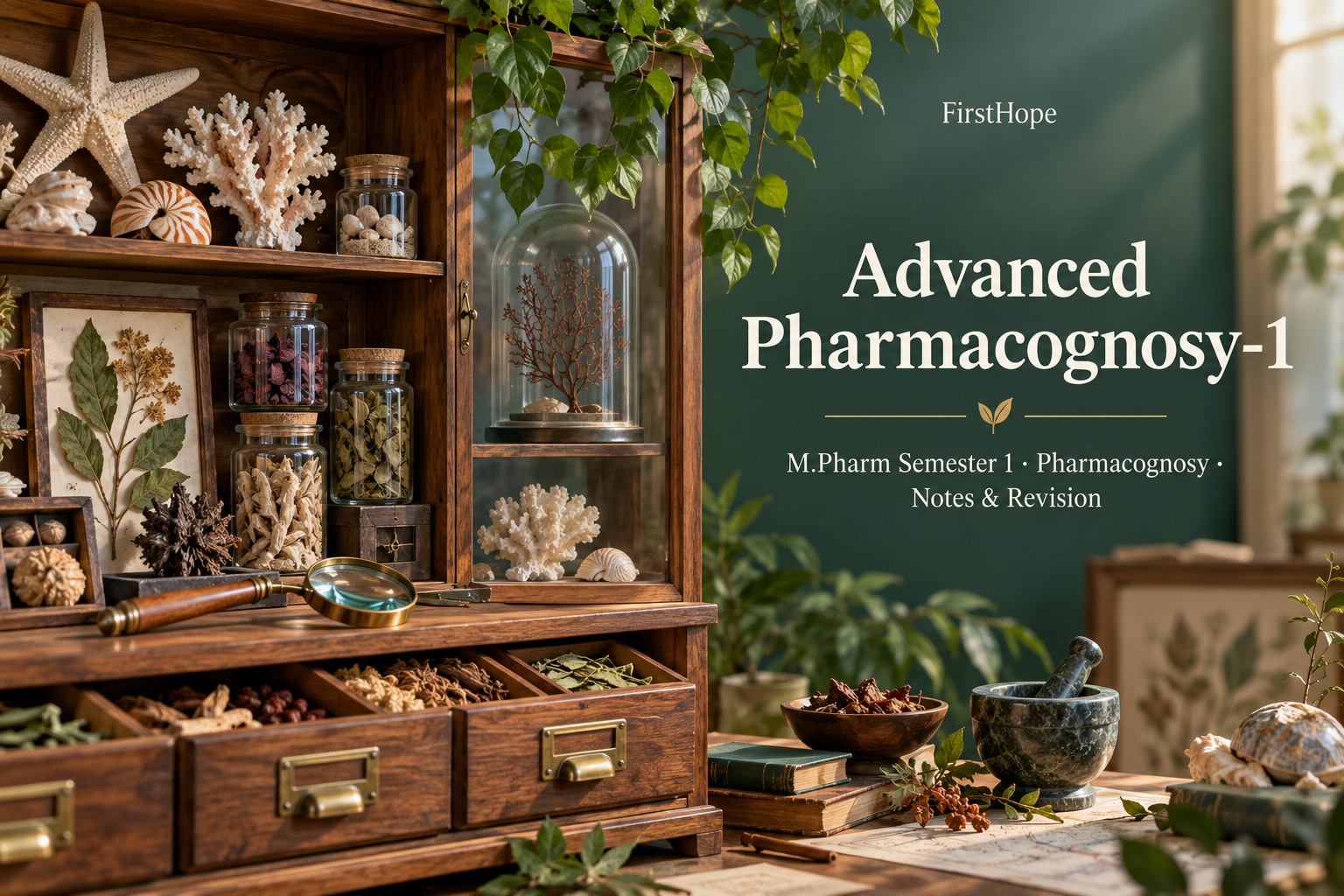 isometric miniature cover titled Advanced Pharmacognosy-1, with M.Pharm Semester 1 · Pharmacognosy Notes & Revision and FirstHope branding.