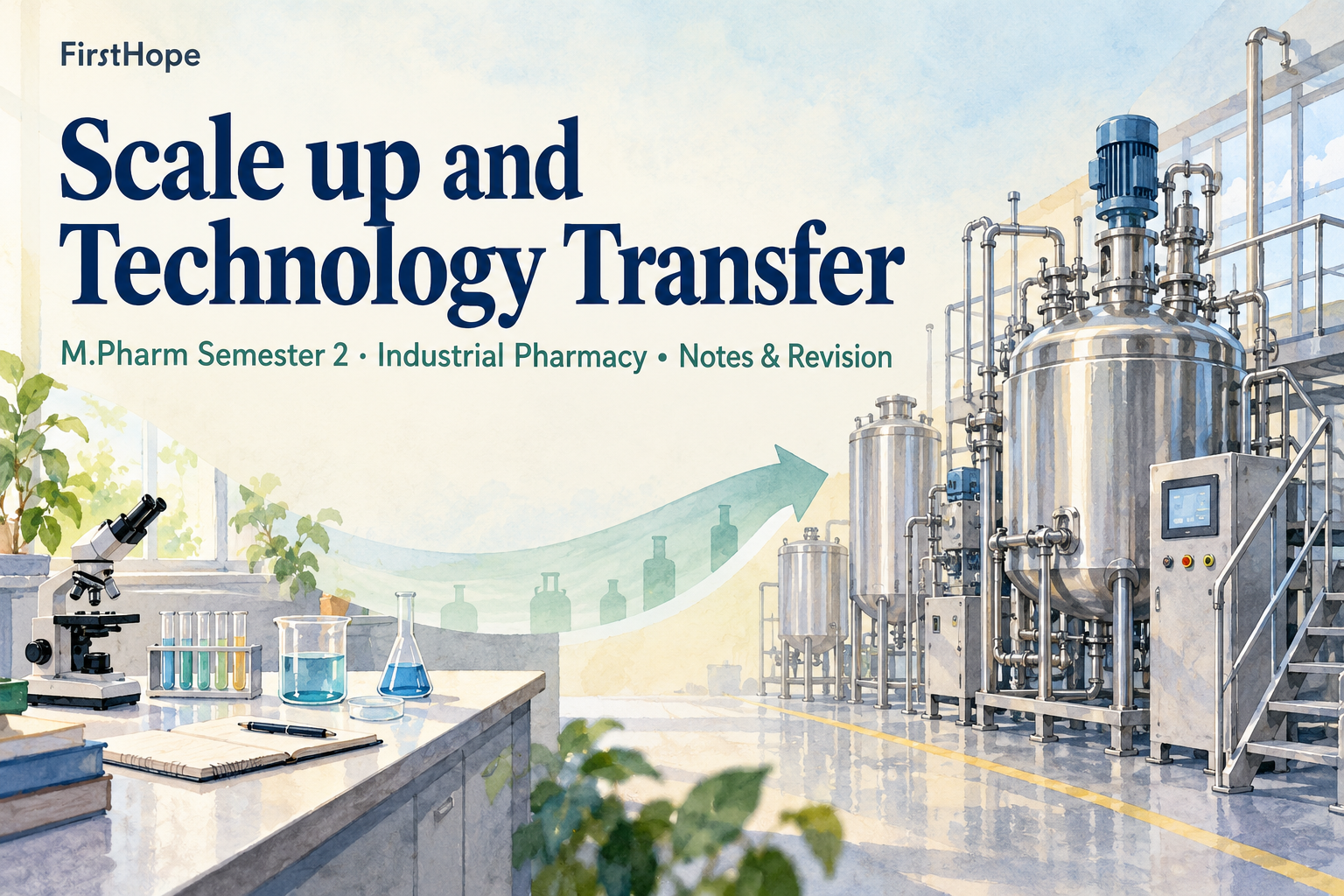 pastel gouache cover titled Scale up and Technology Transfer, with M.Pharm Semester 2 · Industrial Pharmacy Notes & Revision and FirstHope branding.