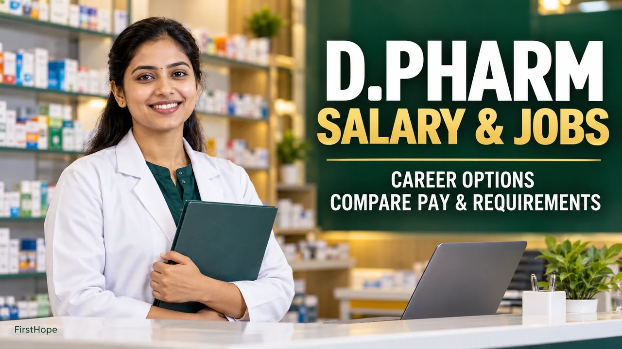 D.PHARM SALARY AND JOBS — CAREER OPTIONS, COMPARE PAY AND REQUIREMENTS beside a pharmacist holding a career folder.
