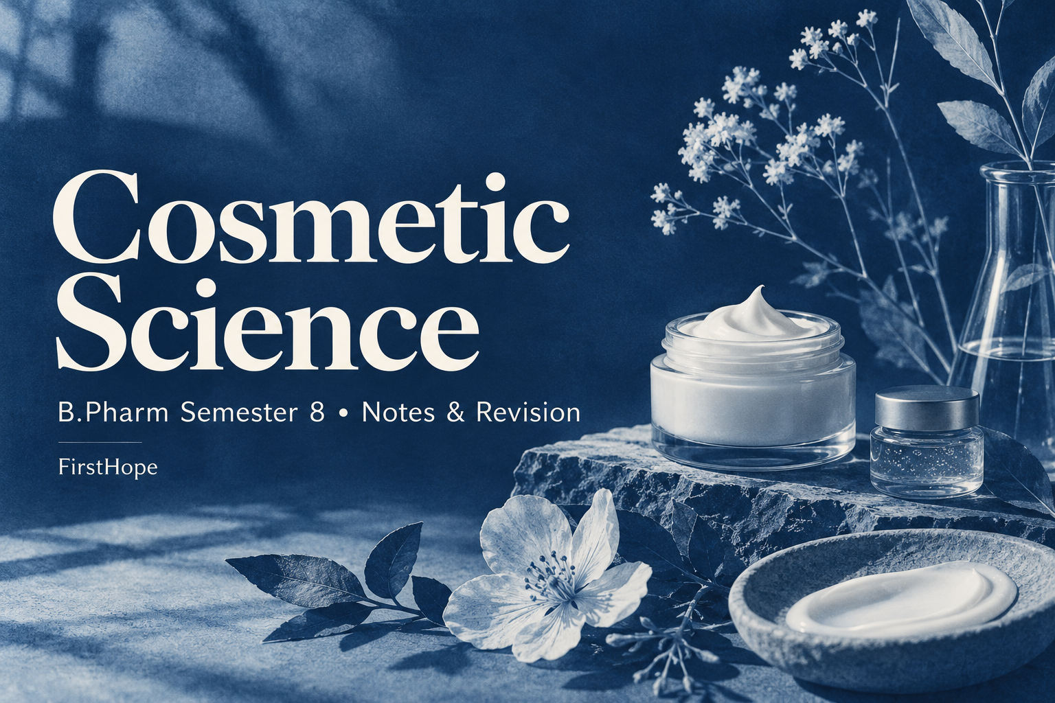 botanical cyanotype cover titled Cosmetic Science, with B.Pharm Semester 8 Notes & Revision and FirstHope branding.