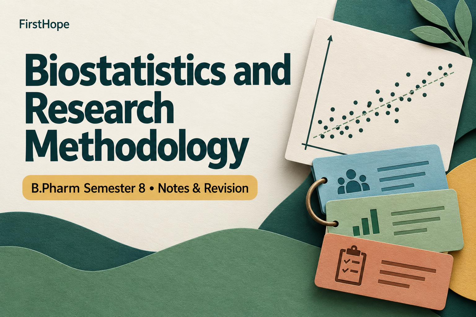 layered paper art cover titled Biostatistics and Research Methodology, with B.Pharm Semester 8 Notes & Revision and FirstHope branding.