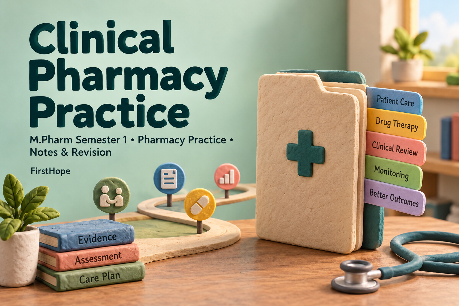 clay sculpture cover titled Clinical Pharmacy Practice, with M.Pharm Semester 1 · Pharmacy Practice Notes & Revision and FirstHope branding.