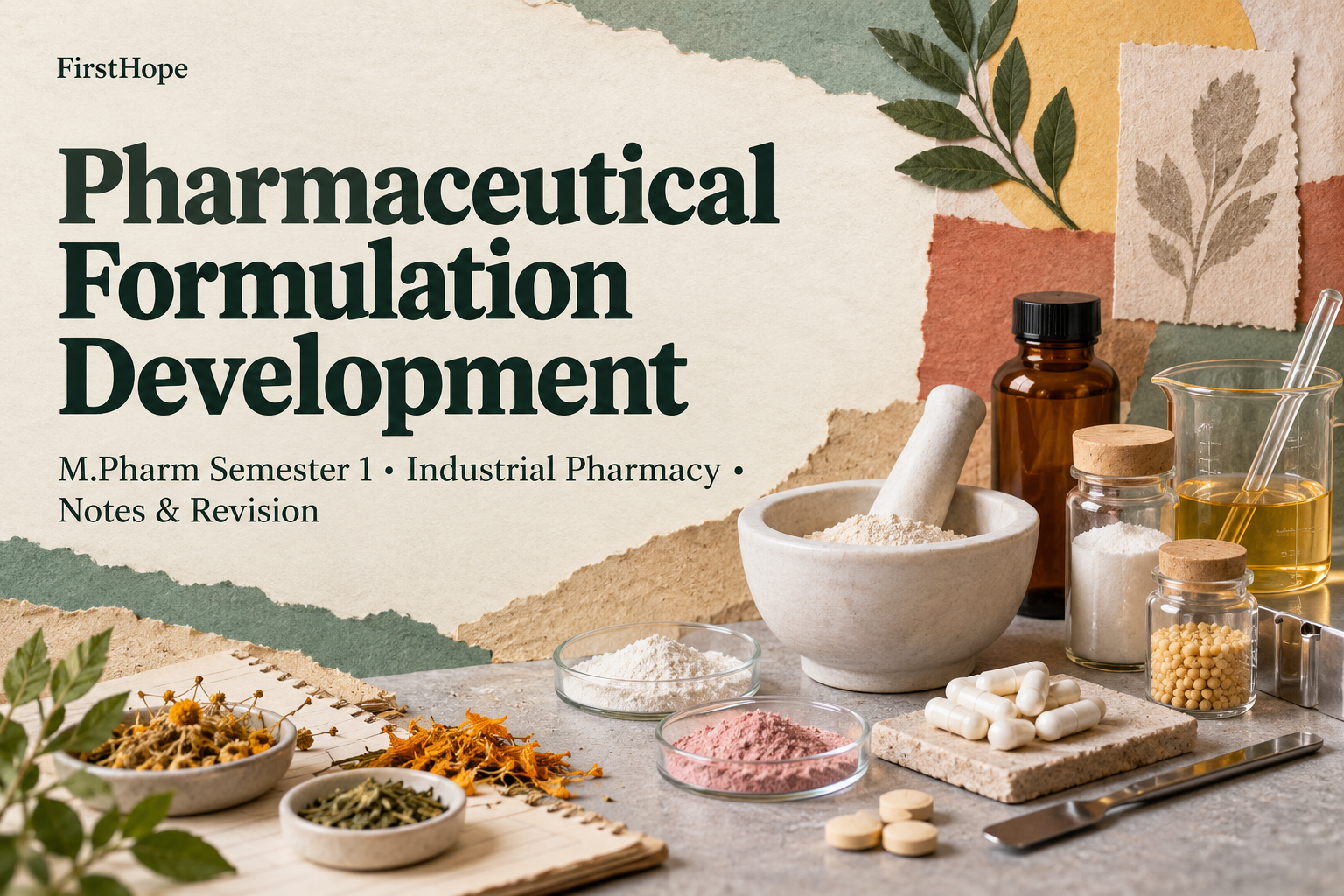 editorial collage cover titled Pharmaceutical Formulation Development, with M.Pharm Semester 1 · Industrial Pharmacy Notes & Revision and FirstHope branding.