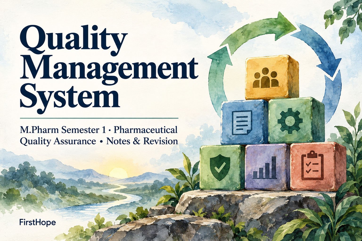 ink and watercolour cover titled Quality Management System, with M.Pharm Semester 1 · Pharmaceutical Quality Assurance Notes & Revision and FirstHope branding.