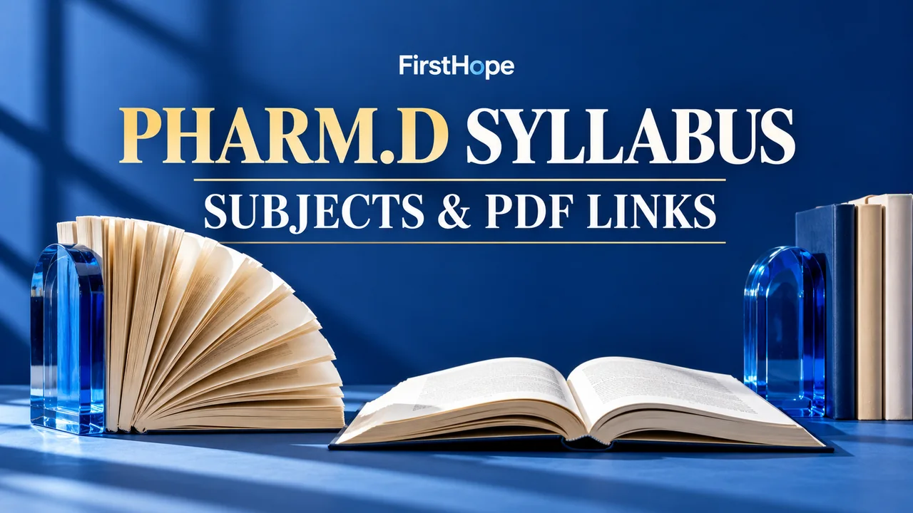 Pharm.D syllabus cover with sculptural paper pages and the text PHARM.D SYLLABUS — SUBJECTS & PDF LINKS.
