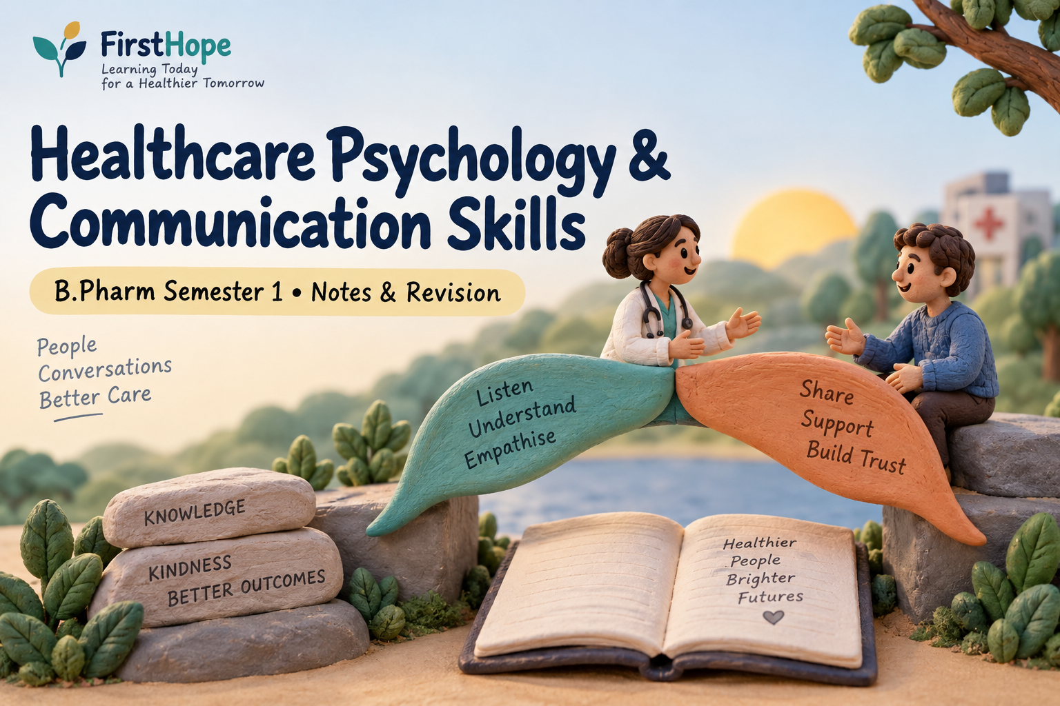 clay sculpture cover titled Healthcare Psychology & Communication Skills, with B.Pharm Semester 1 Notes & Revision and FirstHope branding.