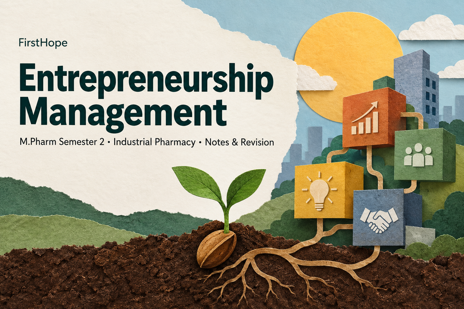 editorial collage cover titled Entrepreneurship Management, with M.Pharm Semester 2 · Industrial Pharmacy Notes & Revision and FirstHope branding.