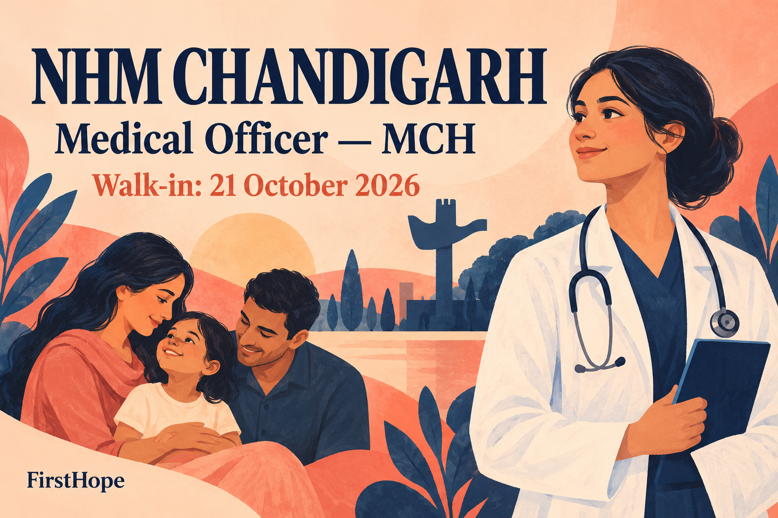 FirstHope healthcare career cover for NHM Chandigarh Medical Officer MCH: Walk-In on 21 October, showing the employer, job role and application or walk-in date in readable text.