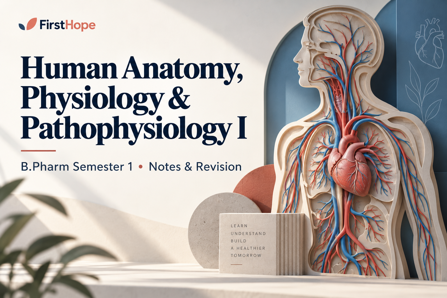 architectural model cover titled Human Anatomy, Physiology & Pathophysiology I, with B.Pharm Semester 1 Notes & Revision and FirstHope branding.